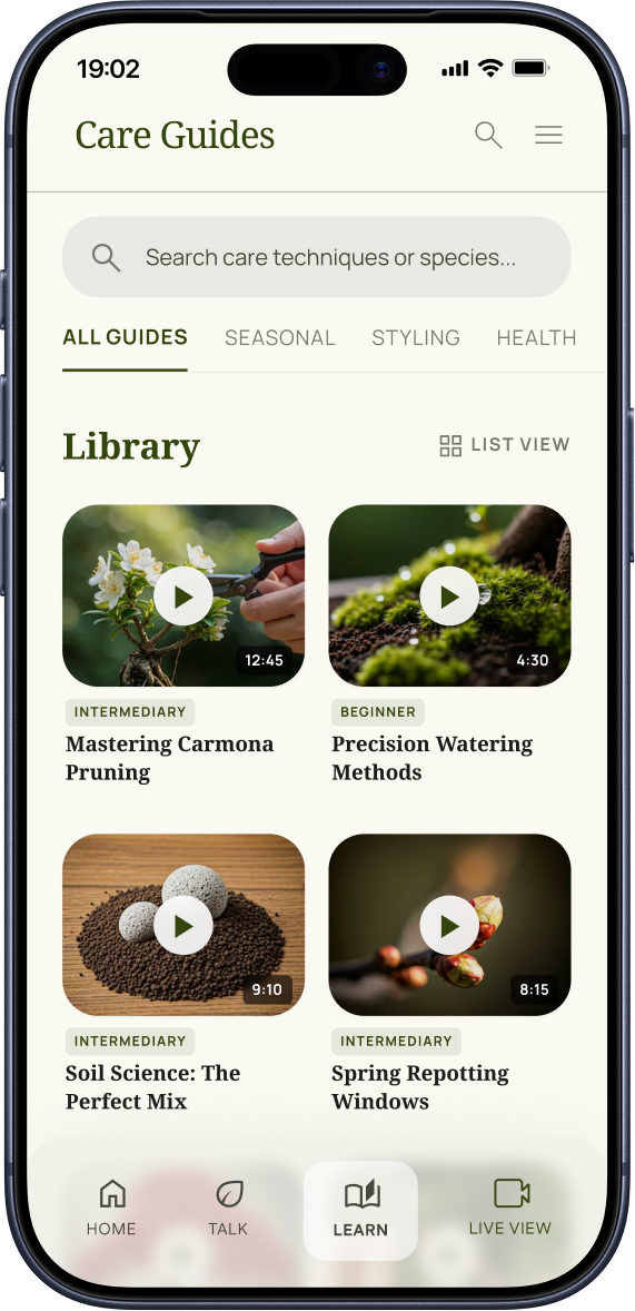 MyBonsaiFriend app care guides screen